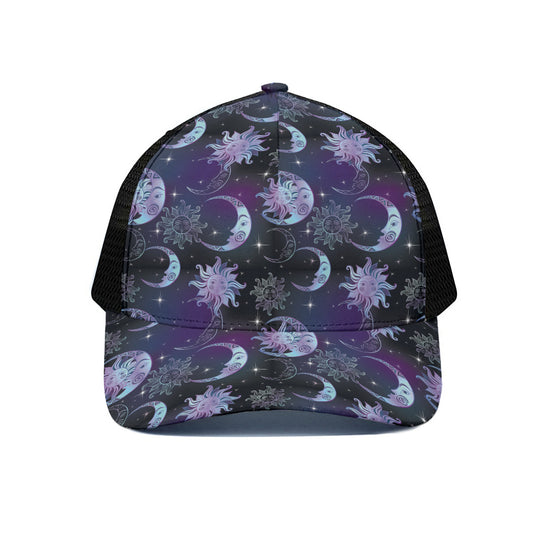 Galaxy Celestial Sun And Moon Print Black Mesh Trucker Cap