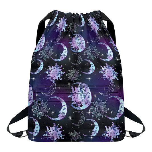 Galaxy Celestial Sun And Moon Print Drawstring Backpack