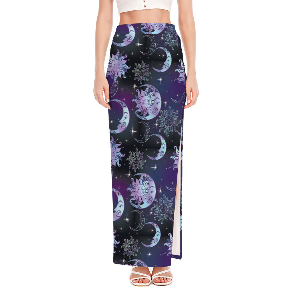 Galaxy Celestial Sun And Moon Print High Slit Maxi Skirt