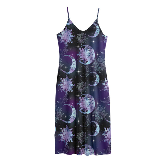 Galaxy Celestial Sun And Moon Print Jersey Midi Cami Dress