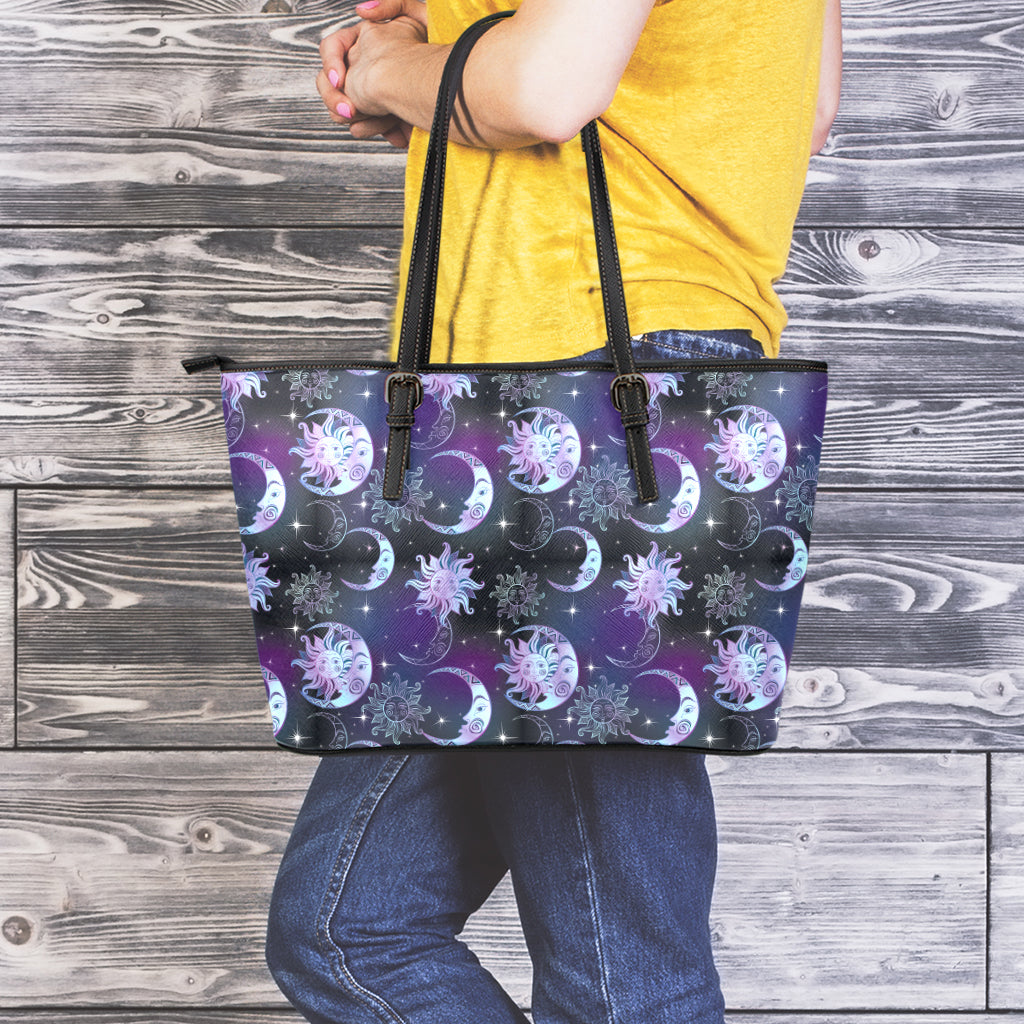 Galaxy Celestial Sun And Moon Print Leather Tote Bag