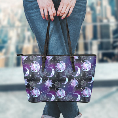 Galaxy Celestial Sun And Moon Print Leather Tote Bag