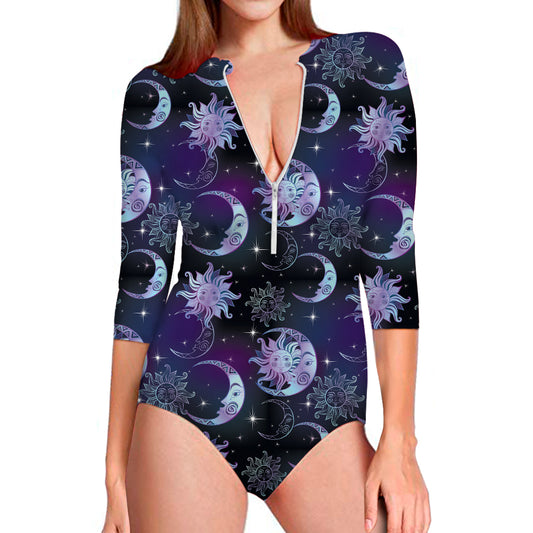 Galaxy Celestial Sun And Moon Print Long Sleeve Swimsuit