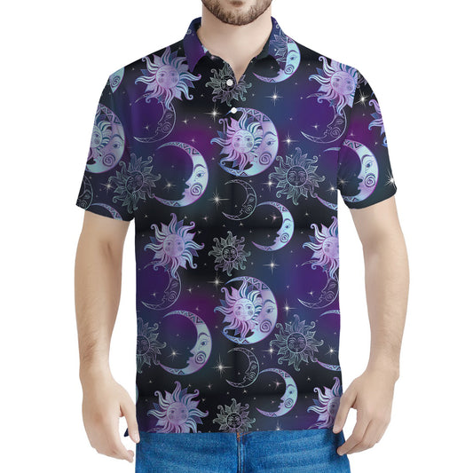 Galaxy Celestial Sun And Moon Print Men's Polo Shirt
