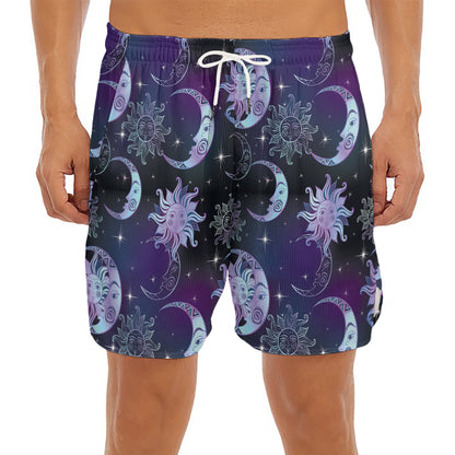 Galaxy Celestial Sun And Moon Print Men's Split Running Shorts