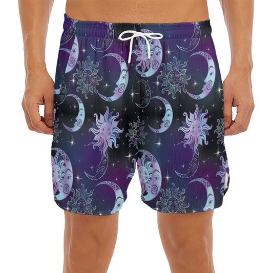Galaxy Celestial Sun And Moon Print Men's Split Running Shorts