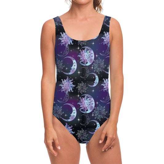 Galaxy Celestial Sun And Moon Print One Piece Swimsuit