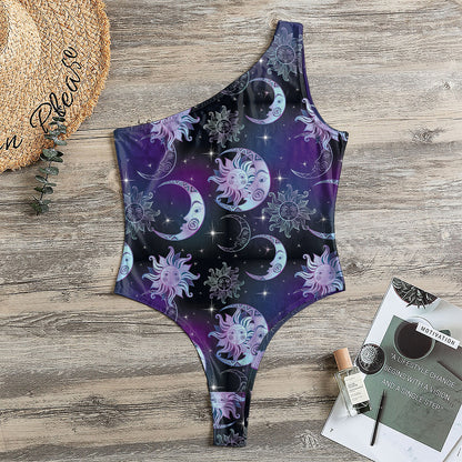 Galaxy Celestial Sun And Moon Print One Shoulder Bodysuit