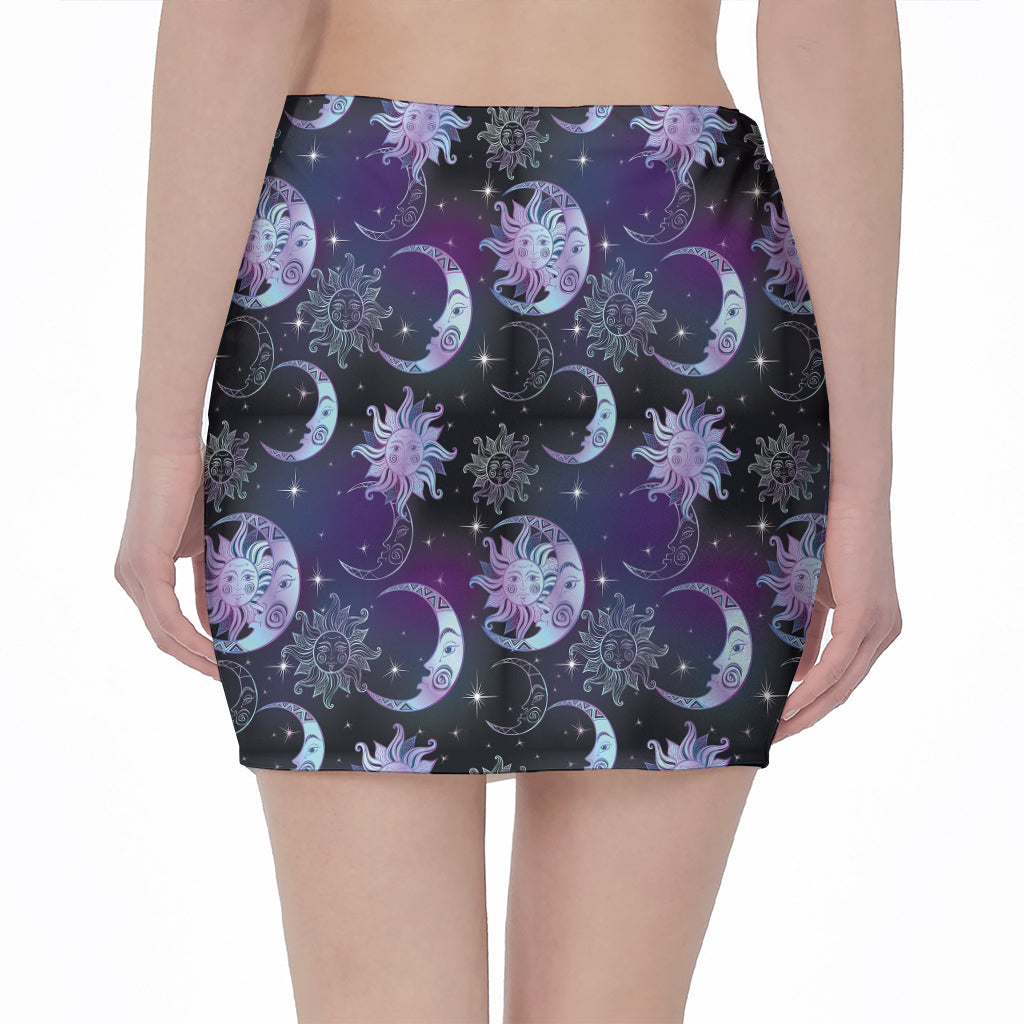 Galaxy Celestial Sun And Moon Print Pencil Mini Skirt