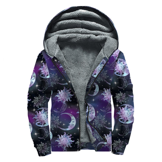 Galaxy Celestial Sun And Moon Print Sherpa Lined Zip Up Hoodie