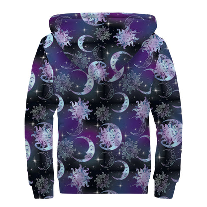 Galaxy Celestial Sun And Moon Print Sherpa Lined Zip Up Hoodie
