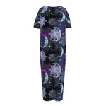 Galaxy Celestial Sun And Moon Print Short Sleeve Long Nightdress