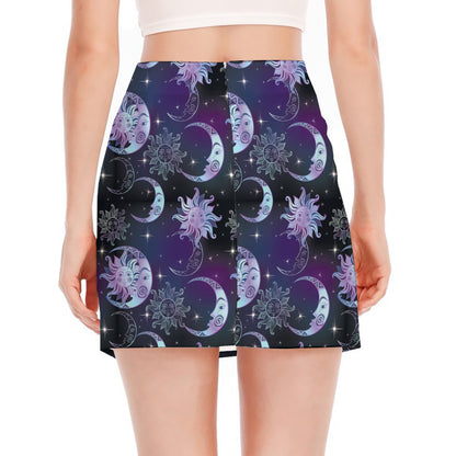 Galaxy Celestial Sun And Moon Print Side Slit Mini Skirt