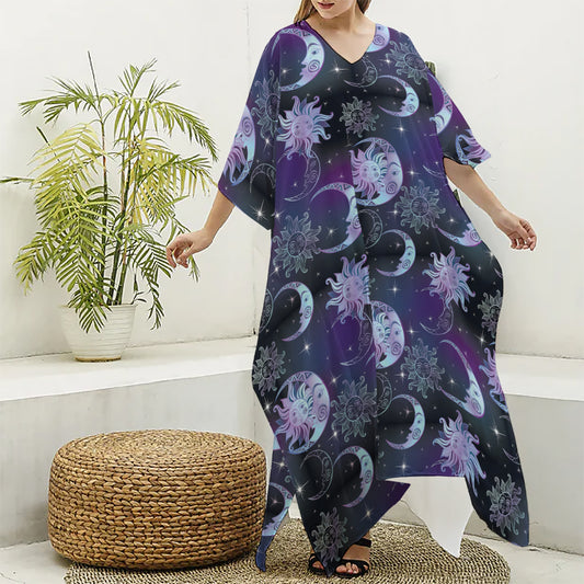 Galaxy Celestial Sun And Moon Print Silk V-Neck Kaftan Dress