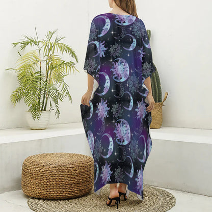 Galaxy Celestial Sun And Moon Print Silk V-Neck Kaftan Dress