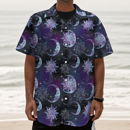 Galaxy Celestial Sun And Moon Print Textured Short Sleeve Shirt