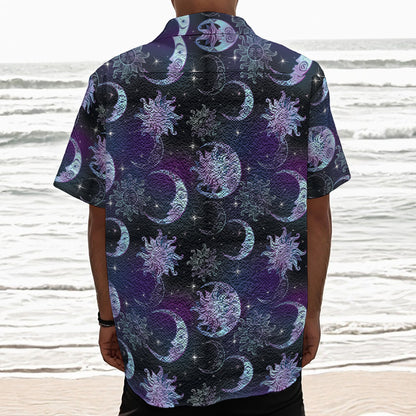 Galaxy Celestial Sun And Moon Print Textured Short Sleeve Shirt