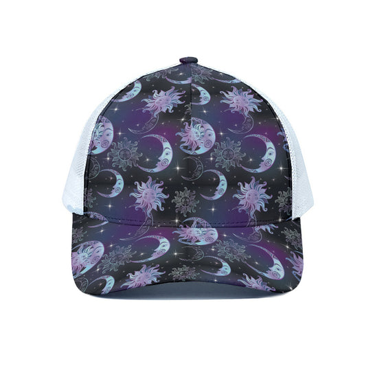 Galaxy Celestial Sun And Moon Print White Mesh Trucker Cap