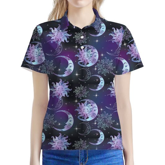 Galaxy Celestial Sun And Moon Print Women's Polo Shirt
