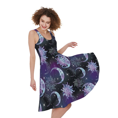 Galaxy Celestial Sun And Moon Print Women's Sleeveless Dress
