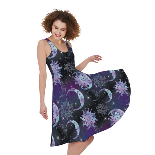 Galaxy Celestial Sun And Moon Print Women's Sleeveless Dress