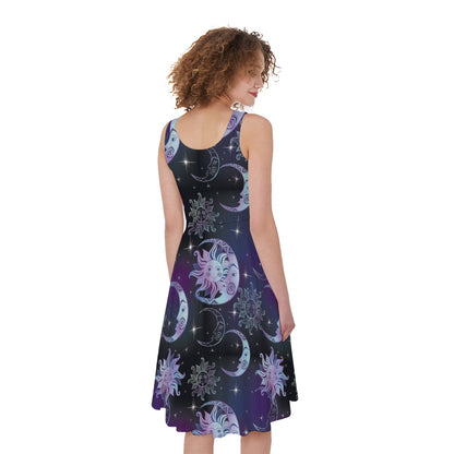 Galaxy Celestial Sun And Moon Print Women's Sleeveless Dress