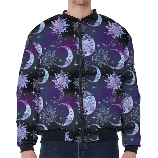 Galaxy Celestial Sun And Moon Print Zip Sleeve Bomber Jacket
