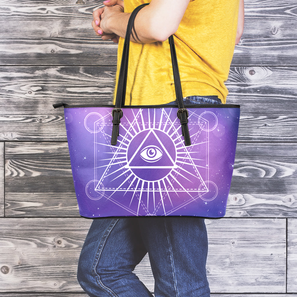 Galaxy Eye of Providence Print Leather Tote Bag