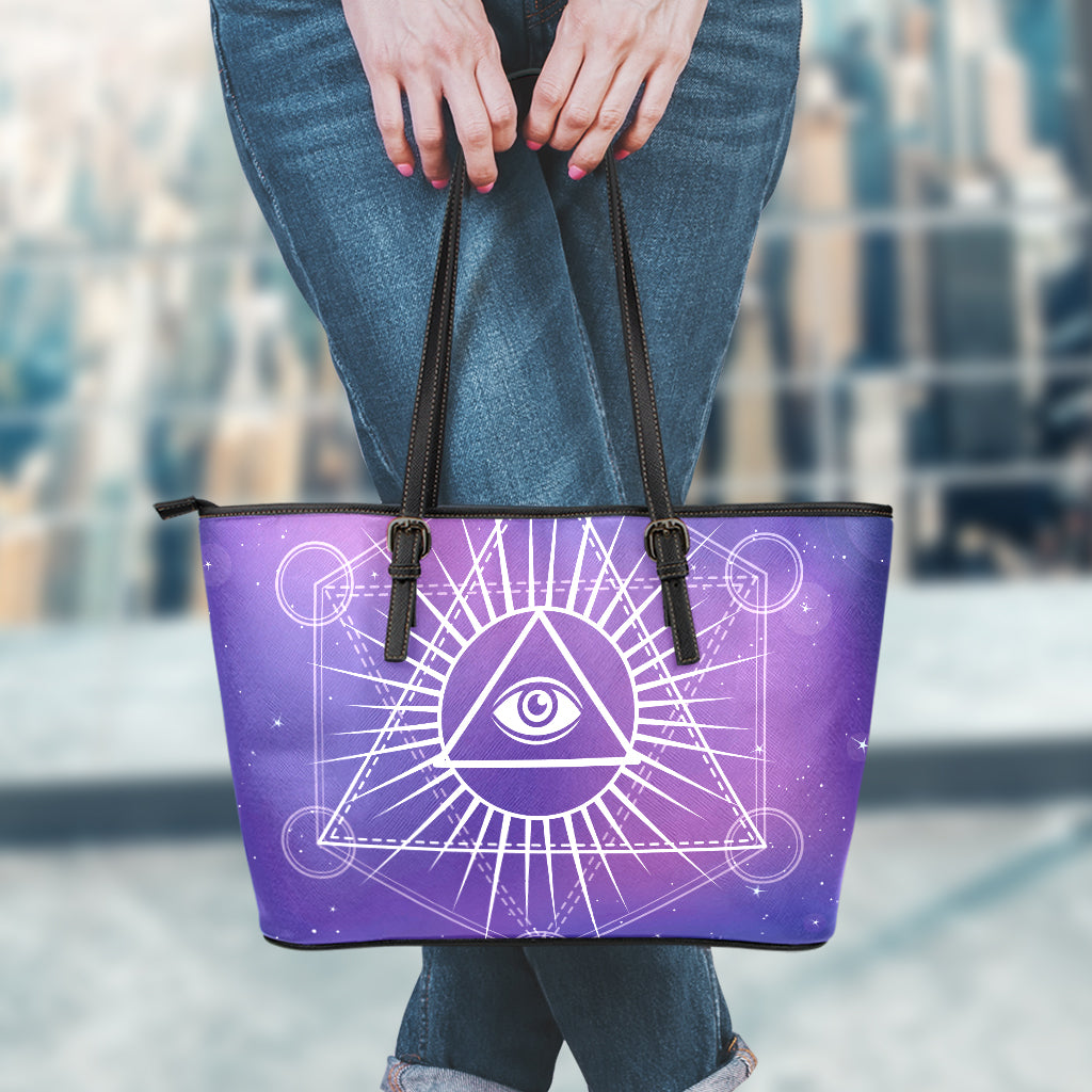 Galaxy Eye of Providence Print Leather Tote Bag