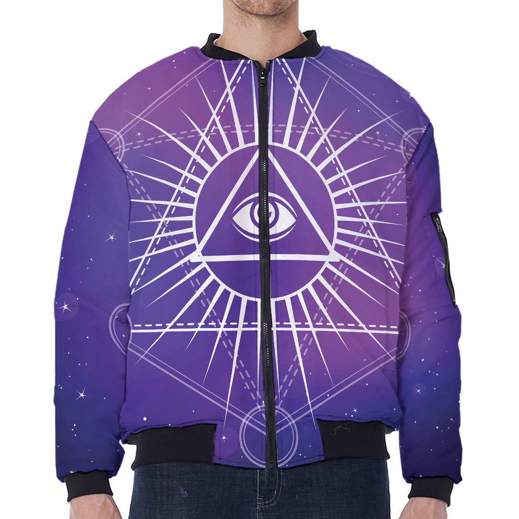 Galaxy Eye of Providence Print Zip Sleeve Bomber Jacket