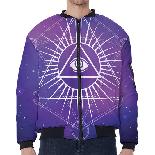 Galaxy Eye of Providence Print Zip Sleeve Bomber Jacket