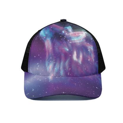 Galaxy Howling Wolf Spirit Print Black Mesh Trucker Cap