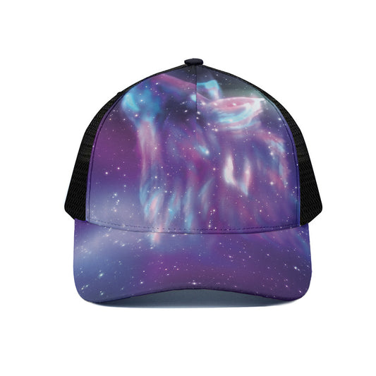 Galaxy Howling Wolf Spirit Print Black Mesh Trucker Cap