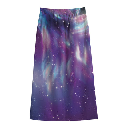 Galaxy Howling Wolf Spirit Print Cotton Front Slit Maxi Skirt