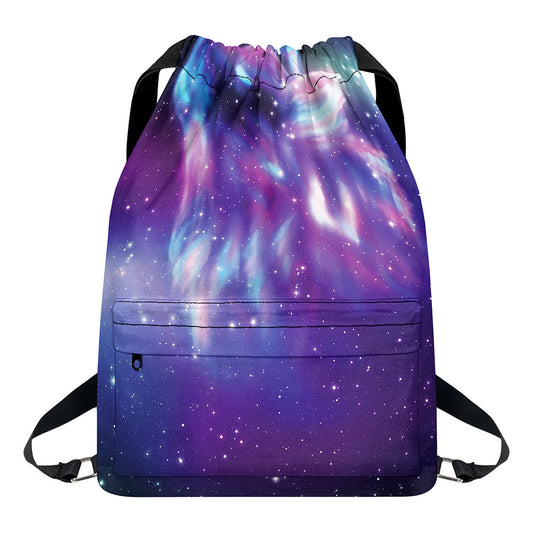 Galaxy Howling Wolf Spirit Print Drawstring Backpack