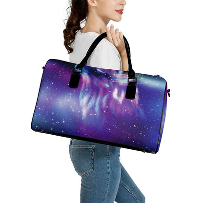 Galaxy Howling Wolf Spirit Print Leather Duffle Bag