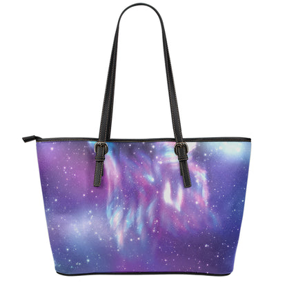 Galaxy Howling Wolf Spirit Print Leather Tote Bag