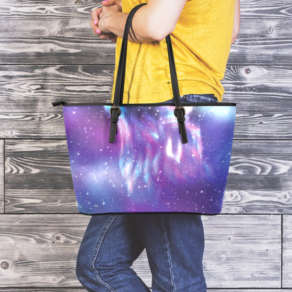 Galaxy Howling Wolf Spirit Print Leather Tote Bag
