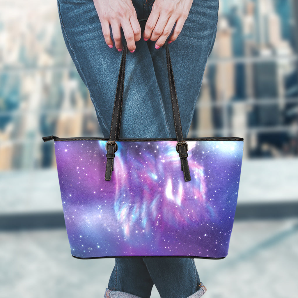 Galaxy Howling Wolf Spirit Print Leather Tote Bag