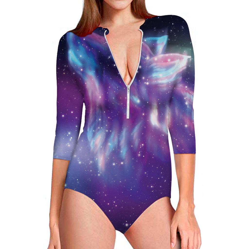 Galaxy Howling Wolf Spirit Print Long Sleeve Swimsuit