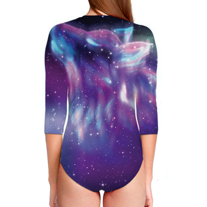 Galaxy Howling Wolf Spirit Print Long Sleeve Swimsuit