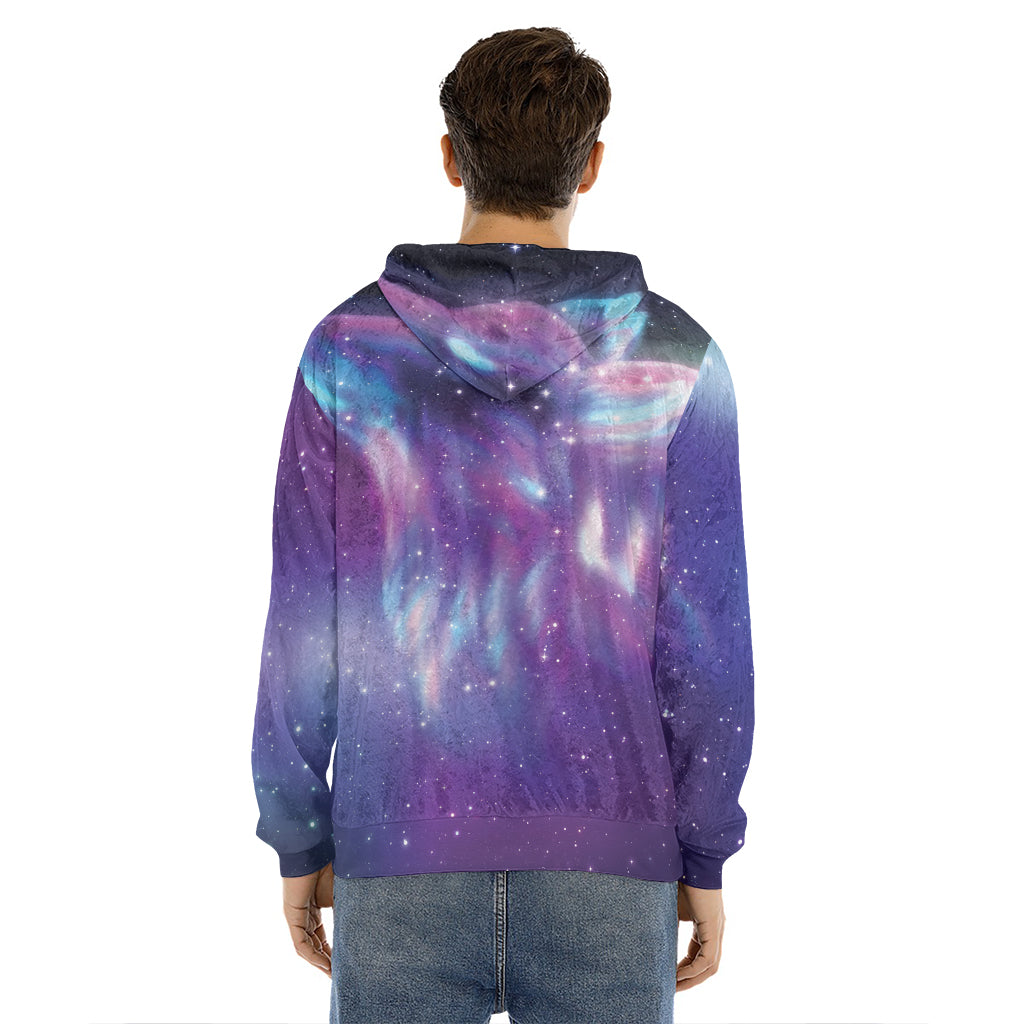Galaxy Howling Wolf Spirit Print Men's Velvet Pullover Hoodie