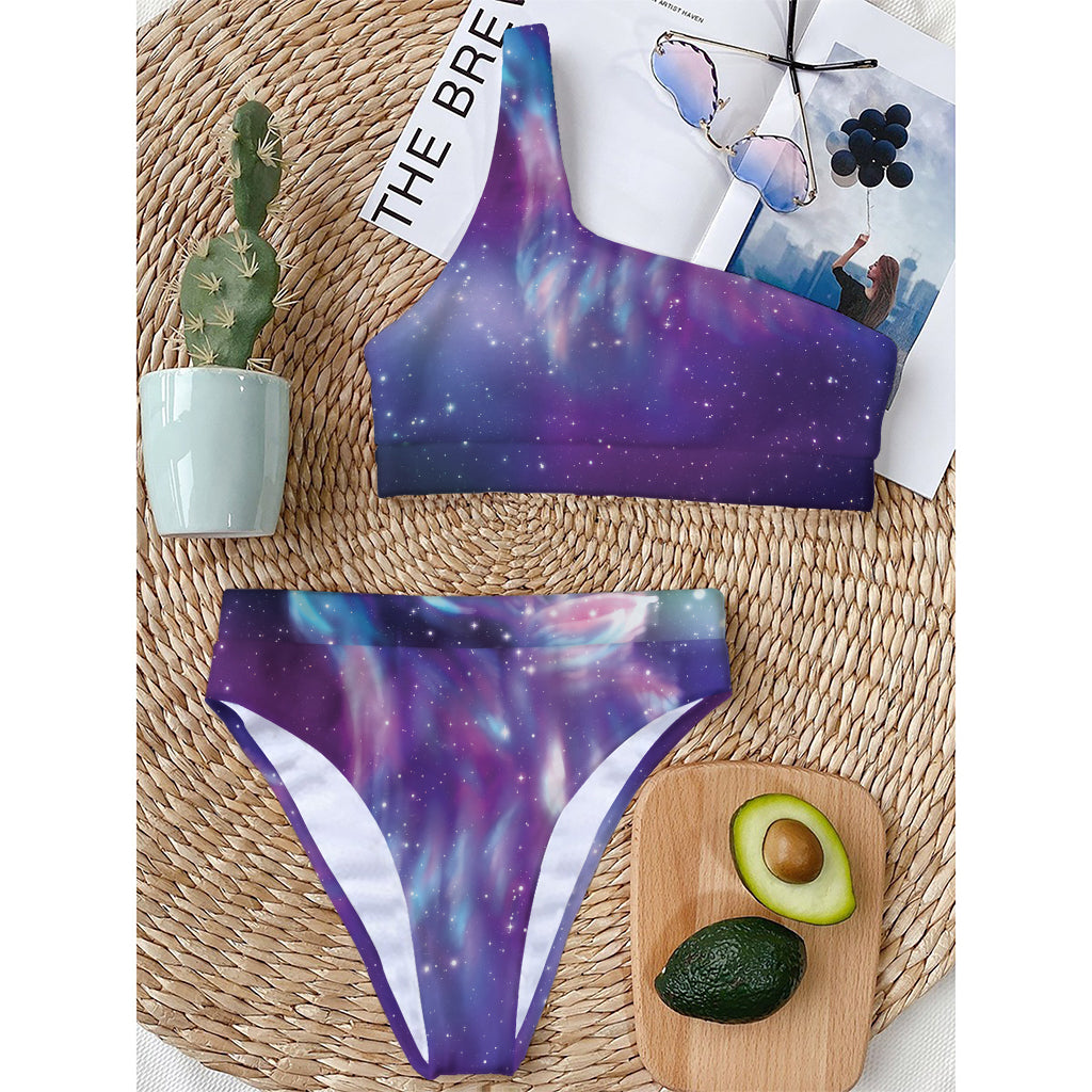 Galaxy Howling Wolf Spirit Print One Shoulder Bikini Top