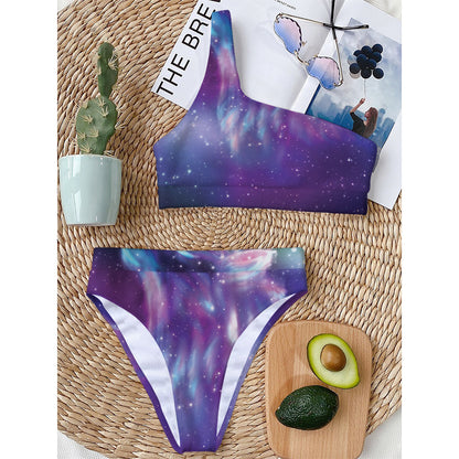 Galaxy Howling Wolf Spirit Print One Shoulder Bikini Top
