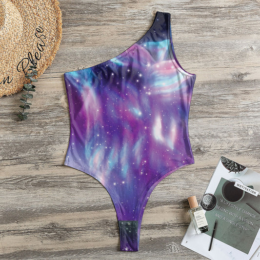 Galaxy Howling Wolf Spirit Print One Shoulder Bodysuit