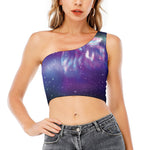 Galaxy Howling Wolf Spirit Print One Shoulder Crop Top