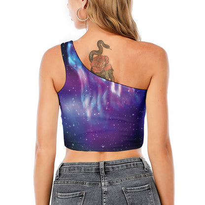 Galaxy Howling Wolf Spirit Print One Shoulder Crop Top