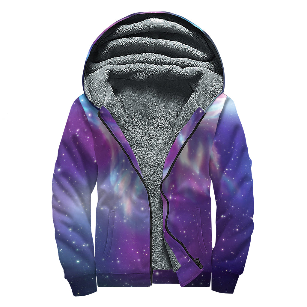 Galaxy Howling Wolf Spirit Print Sherpa Lined Zip Up Hoodie