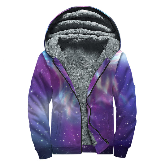 Galaxy Howling Wolf Spirit Print Sherpa Lined Zip Up Hoodie