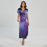 Galaxy Howling Wolf Spirit Print Short Sleeve Maxi Dress